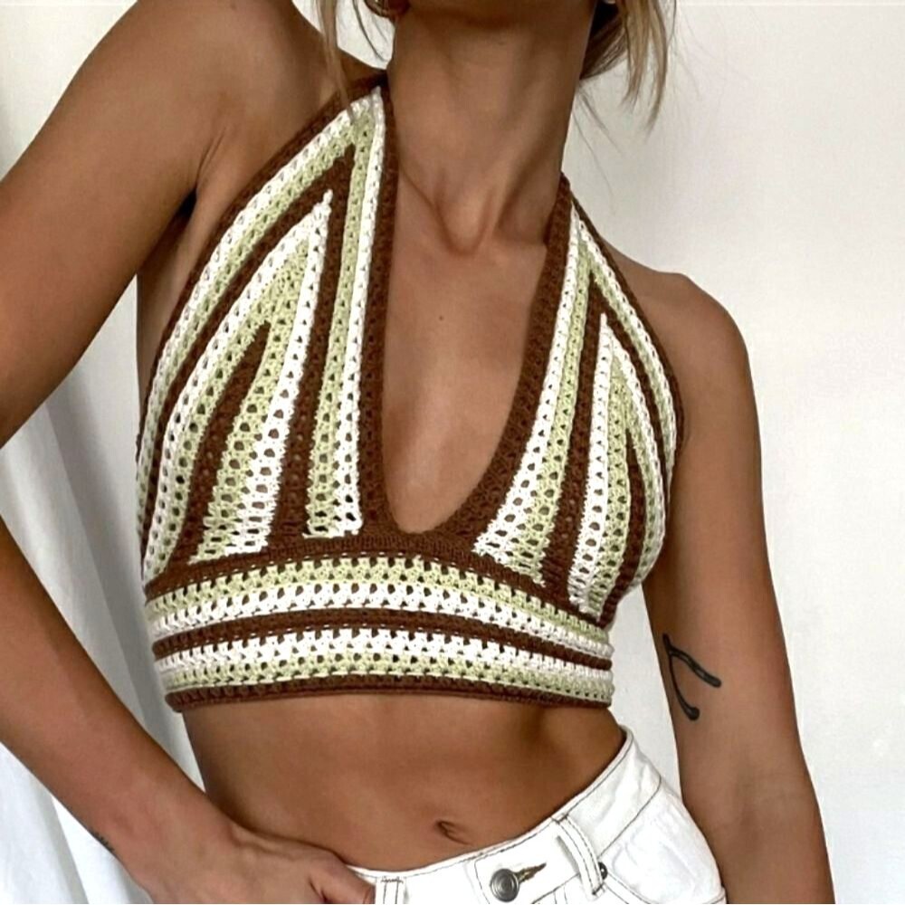 Darah Dahl Retro Crochet Bra Top Brown/Green S/M Boho Festival Chic